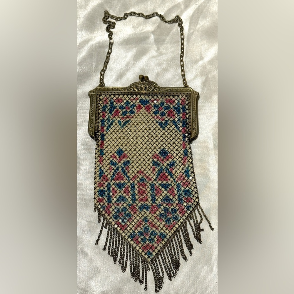 Vintage Art Deco Mandalian Enamel Mesh Purse Bag 1920s Floral Flapper USA